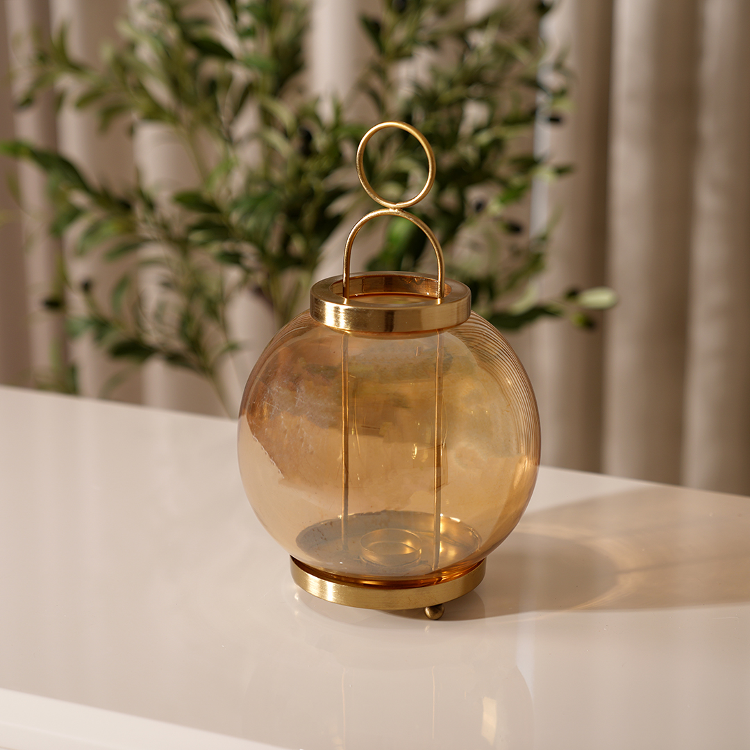 Adro Lustured Glass Metal Candle Holder Amber