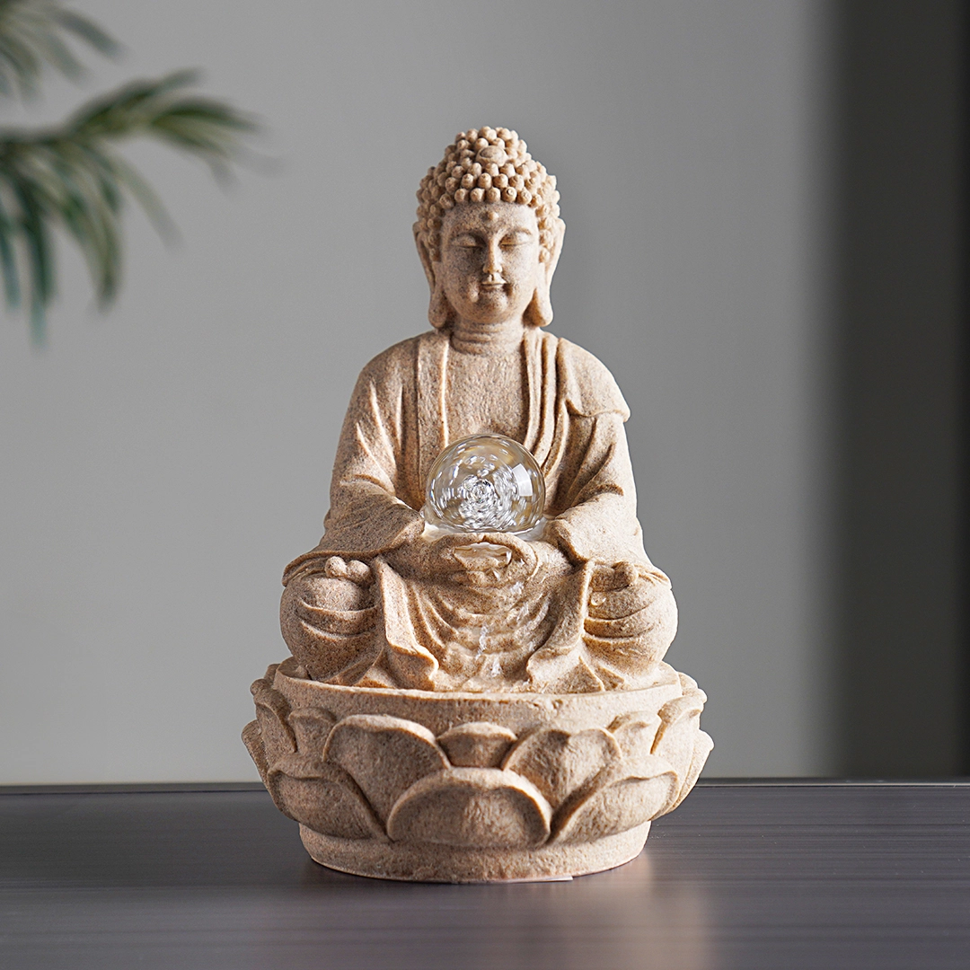 Rivulet Buddha Indoor Fountain With Crystal Ball Beige