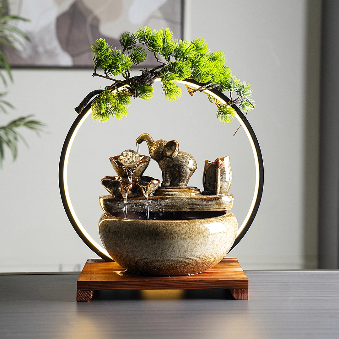 Rivulet Ceramic Indoor Fountain With Crystal Ball & Ring LED Brown