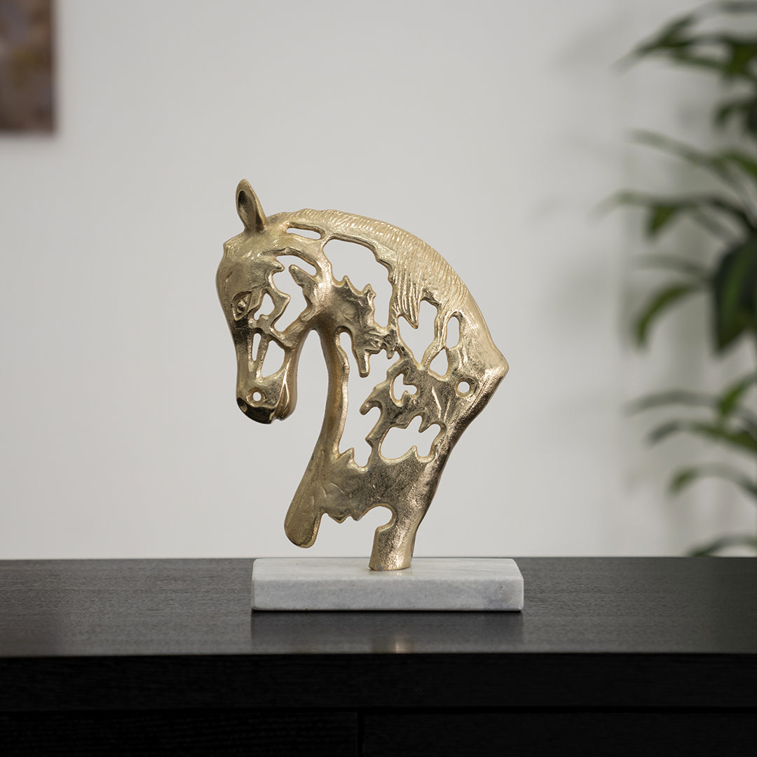 Orline gold horse head metal accent with marble base 20 X 9 X 34cm