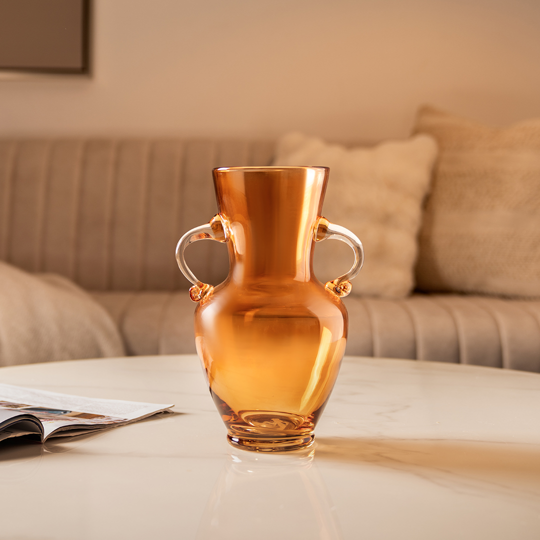 Ruse glass amber texture handle vase 16x16x28 cm